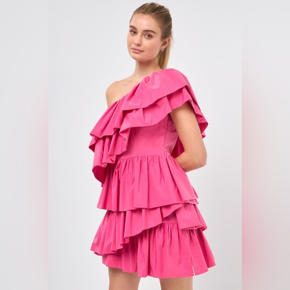 Endless Rose Dresses & Skirts - NWT $120 Endless Rose one shoulder tiered ruffle mini dress Anthropologie pink